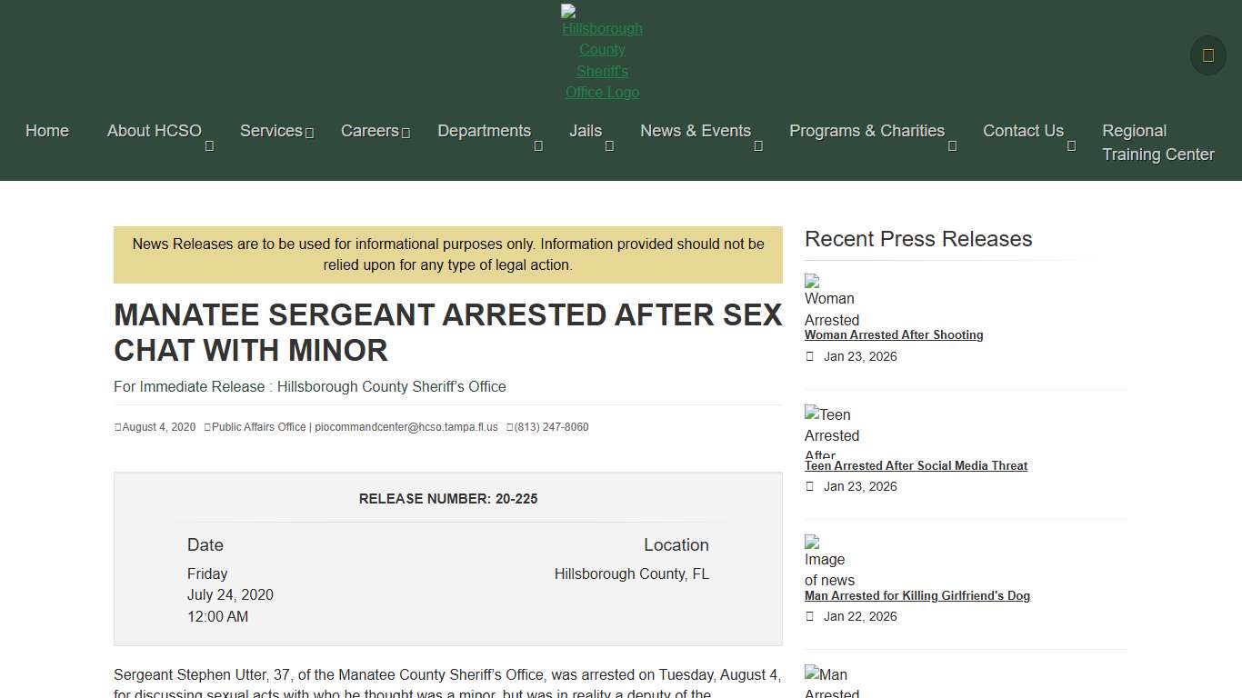 Manatee Sergeant Arrested After Sex Chat With Minor HCSO, Tampa, FL