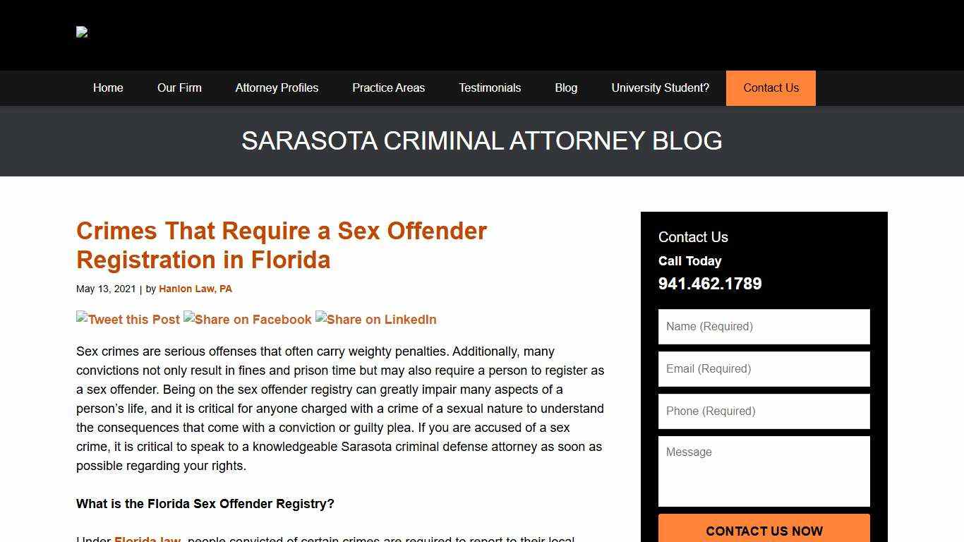 Crimes That Require a Sex Offender Registration in Florida — Sarasota Criminal Attorney Blog — May 13, 2021
